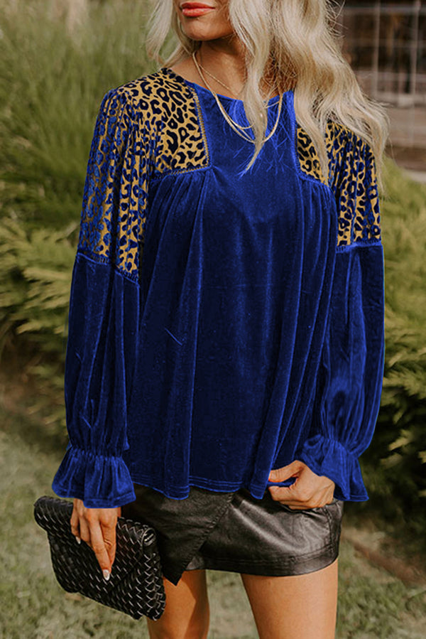 Blouse femme léopard, patchwork, velours — bleu ciel