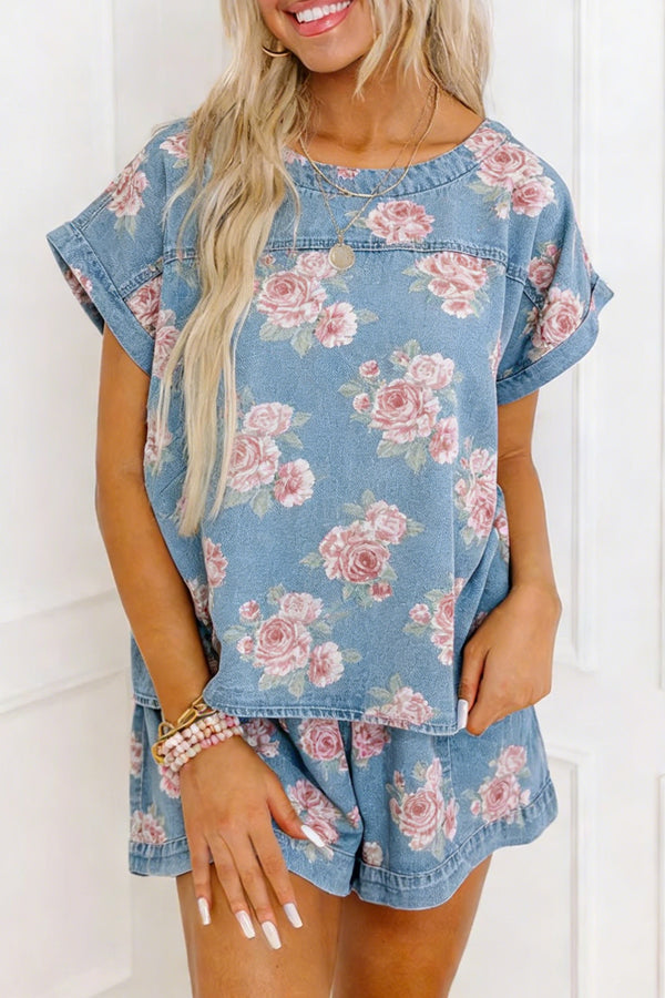 Ensemble femme floral, manches courtes, ample, denim — bleu ciel · LC7821670-P420 · LC7821670-P420-L