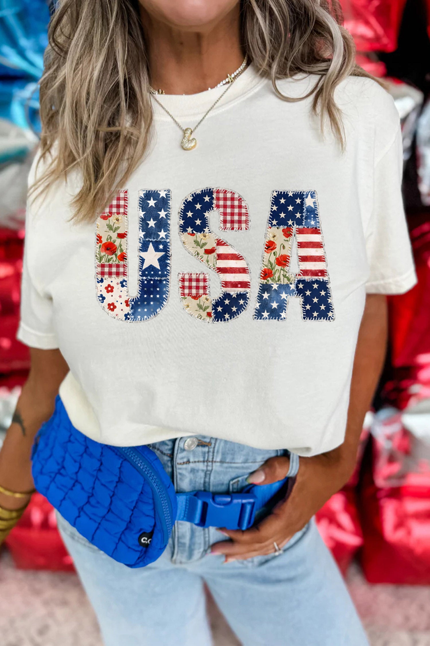 T-shirt graphique, patchwork — blanc