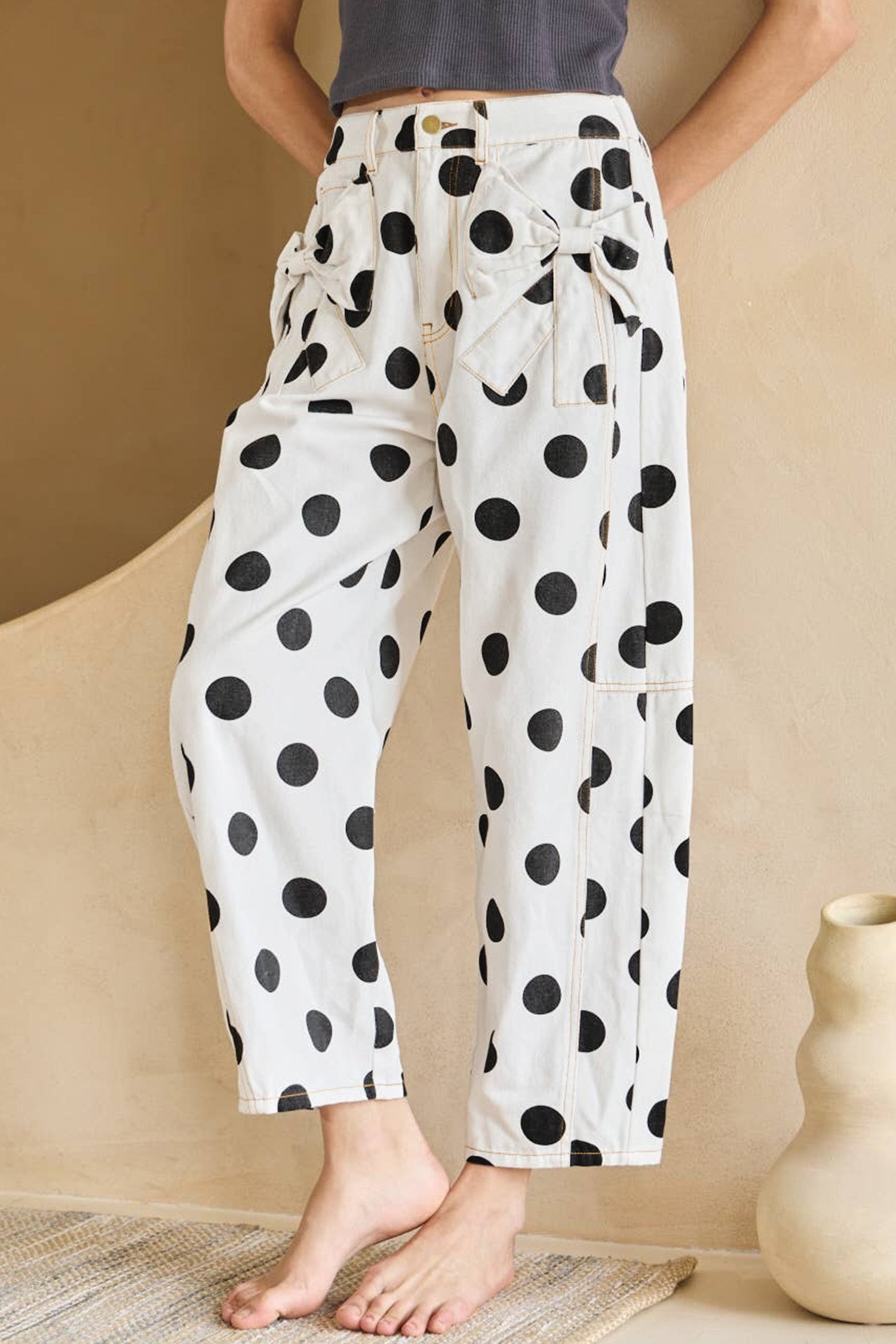 Jean femme pois, poches — blanc
