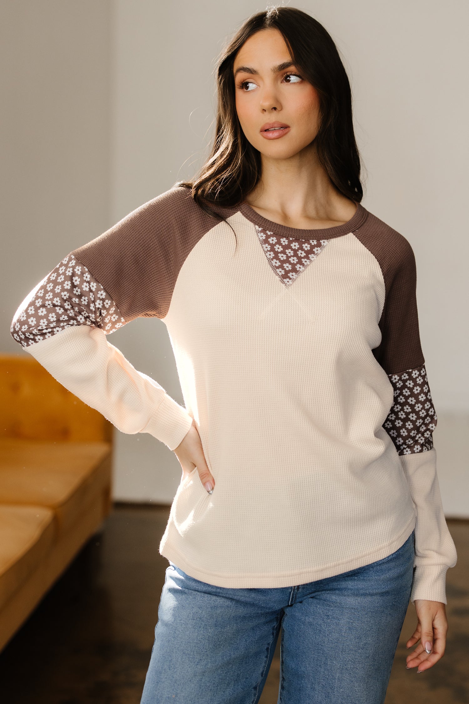Haut femme floral, patchwork, manches longues, colorblock — marron · LC25134020-P1720 · LC25134020-P1720-L