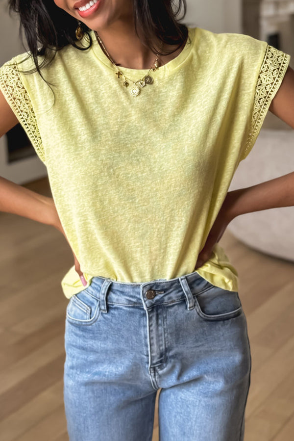 T-shirt femme patchwork, col rond — jaune
