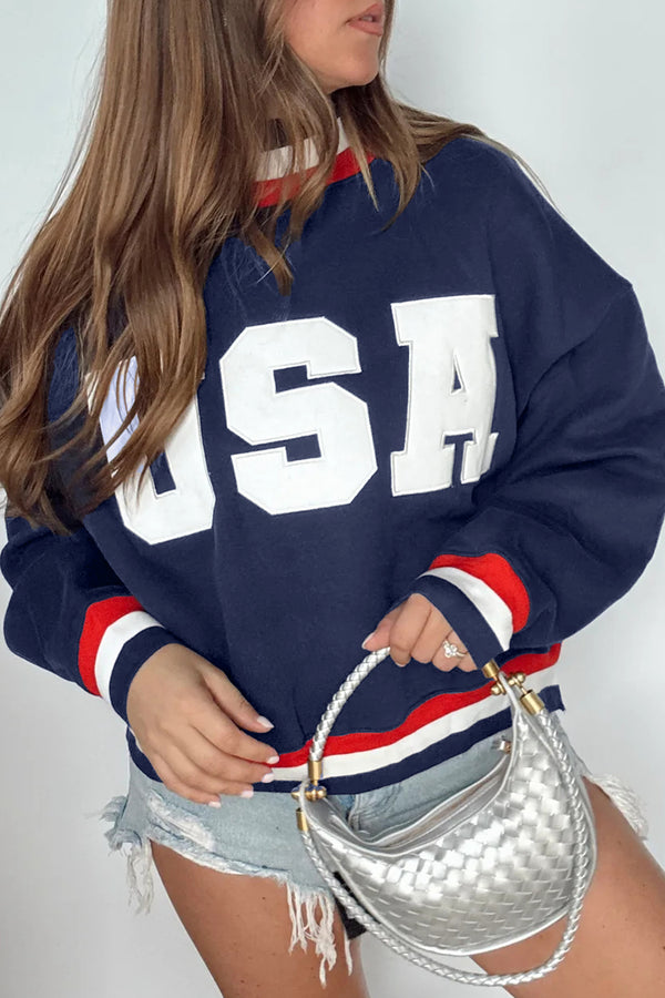 Sweat femme brodé, manches longues, col montant, colorblock — bleu