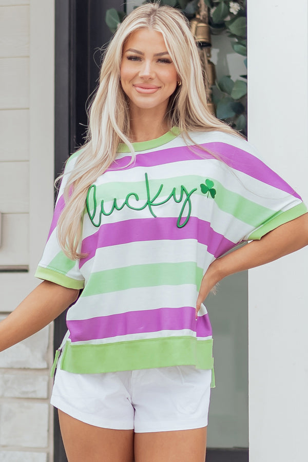 T-shirt femme brodé, graphique, rayé, ample — vert-P919