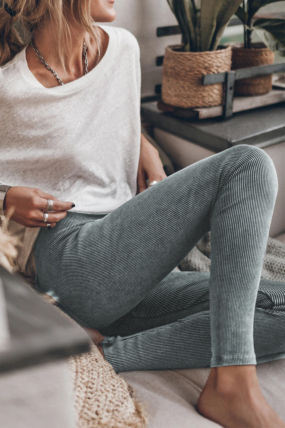 Leggings femme vintage, côtelé — gris foncé