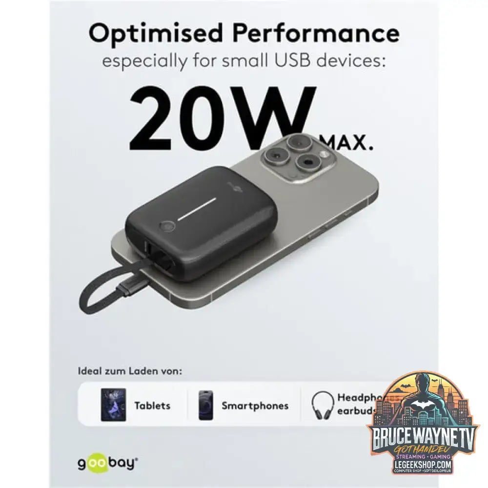 goobay Powerbank 10.000 mAh, integriertes USB-C Kabel 13cm, 20 Watt schwarz, 10 Ah, 1x USB-A, 2x USB-C, PD, QC - Stromquelle: USB-C - vue 8