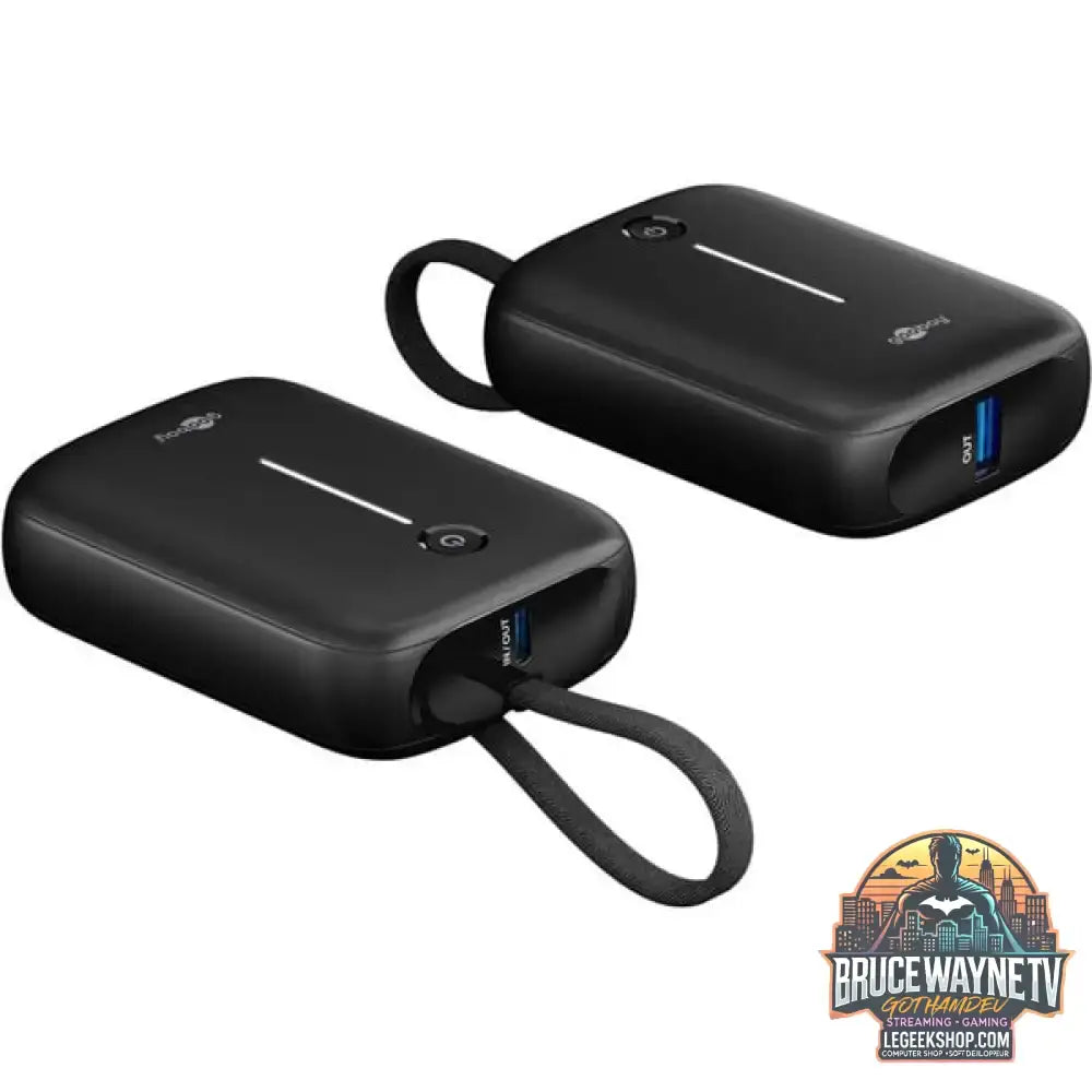 goobay Powerbank 10.000 mAh, integriertes USB-C Kabel 13cm, 20 Watt schwarz, 10 Ah, 1x USB-A, 2x USB-C, PD, QC - Stromquelle: USB-C - vue 3