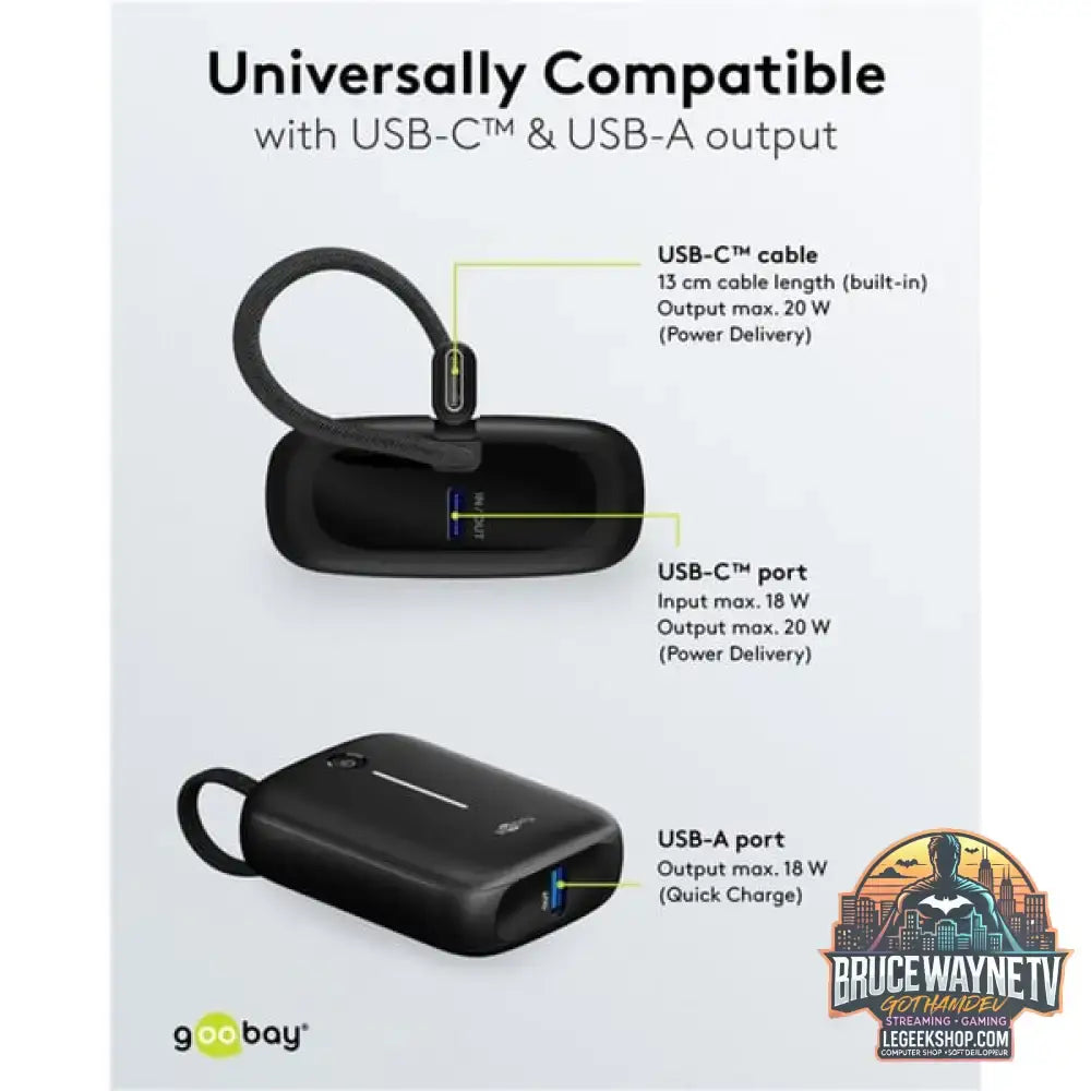 goobay Powerbank 10.000 mAh, integriertes USB-C Kabel 13cm, 20 Watt schwarz, 10 Ah, 1x USB-A, 2x USB-C, PD, QC - Stromquelle: USB-C - vue 5