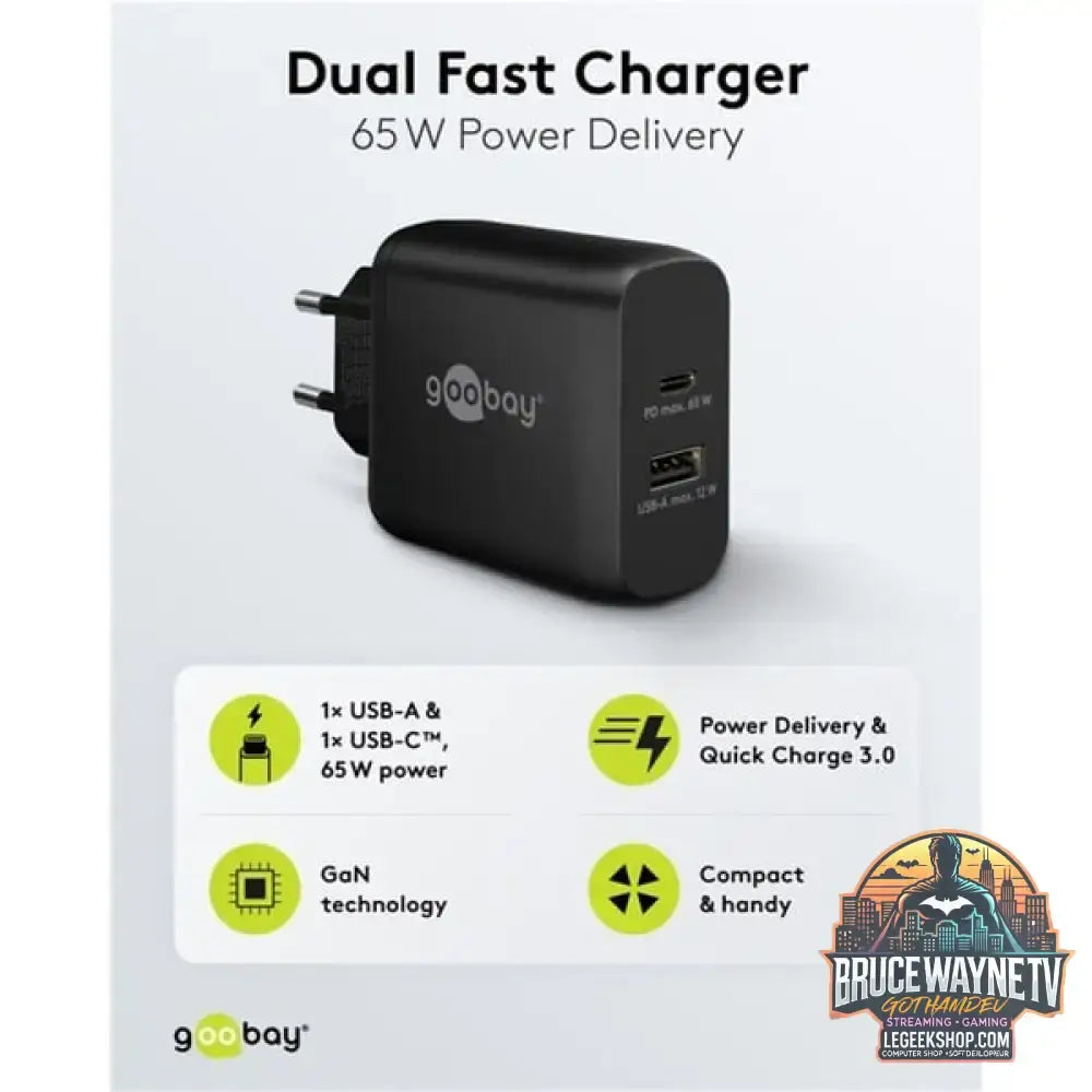 goobay USB-C Dual-Schnellladegerät, PD, GaN, 65 Watt schwarz, 1x USB-C, 1x USB-A, Power Delivery - goobay - vue 4
