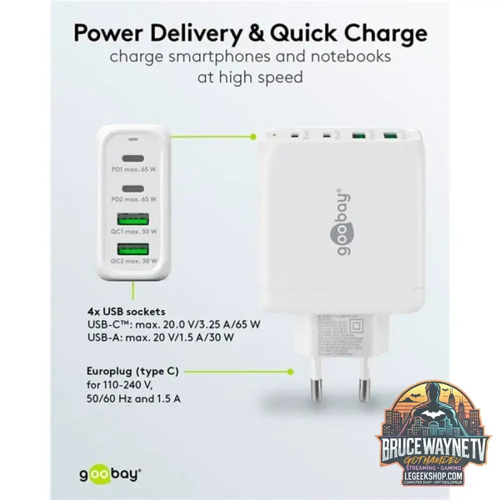 goobay USB-C Multiport-Schnellladegerät, PD, GaN, 68 Watt weiß, 2x USB-C, 2x USB-A, Power Delivery, QuickCharge - goobay - vue 9