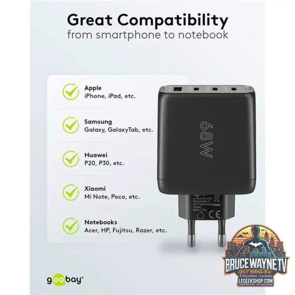 goobay USB-C Multiport-Schnellladegerät, PD, GaN, 68 Watt schwarz, 3x USB-C, 1x USB-A, Power Delivery, QuickCharge - goobay - vue 8