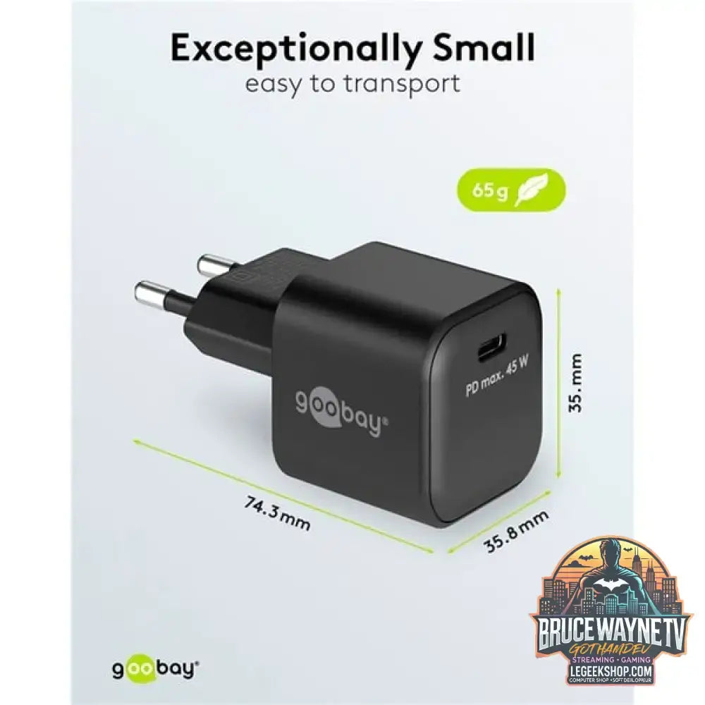 goobay USB-C Schnellladegerät Nano, PD, GaN, 45 Watt schwarz, 1x USB-C, Power Delivery 3.0 - goobay - vue 7