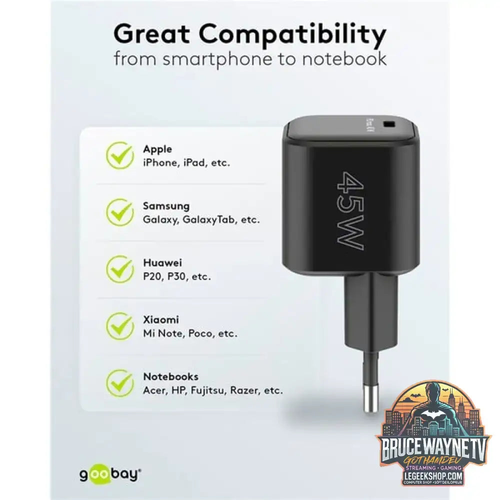 goobay USB-C Schnellladegerät Nano, PD, GaN, 45 Watt schwarz, 1x USB-C, Power Delivery 3.0 - goobay - vue 13