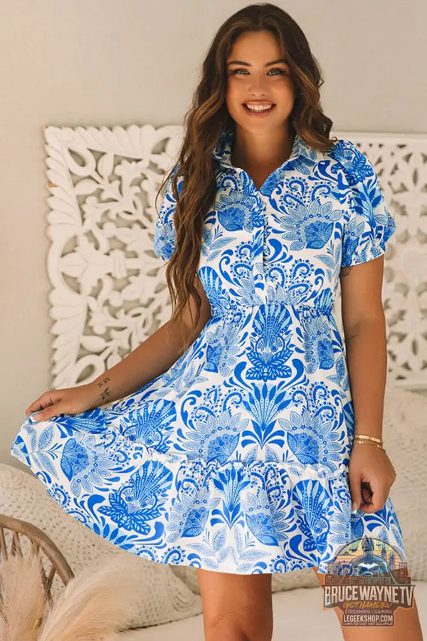 Mini-robe à volants à la taille avec cordon de serrage et imprimé floral rétro bleu ciel - Sky Blue / S / 100%