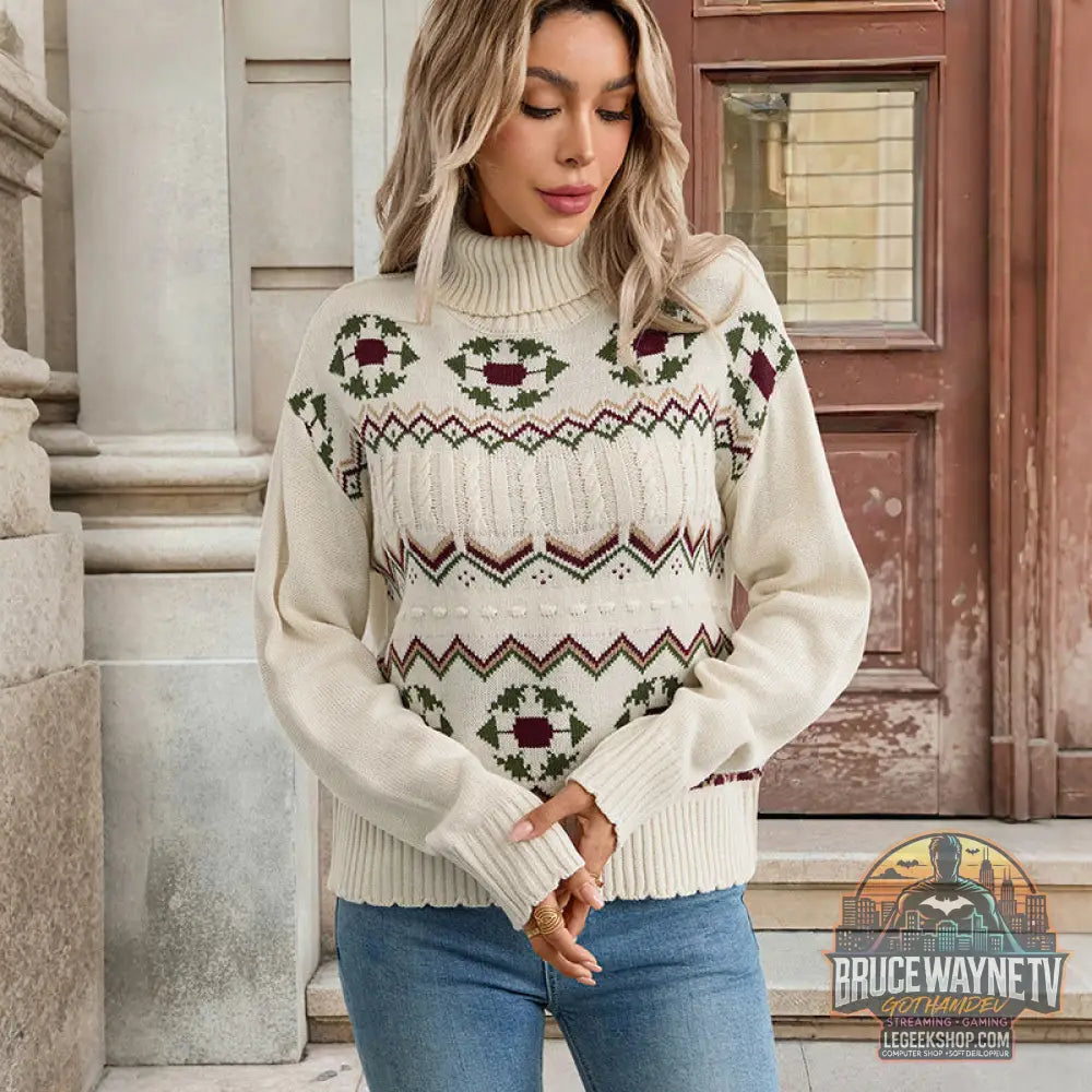 Pull Femme Col Roulé Motif Ethnique Sweet Loose - Beige / S - Pull Femme