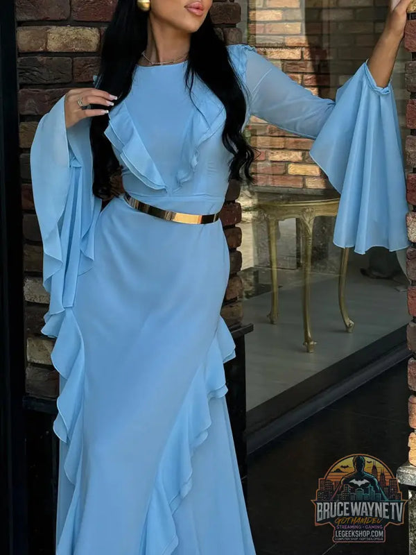 Robe Longue Col Rond Volants Manches Longues Élégante - Robe Femme