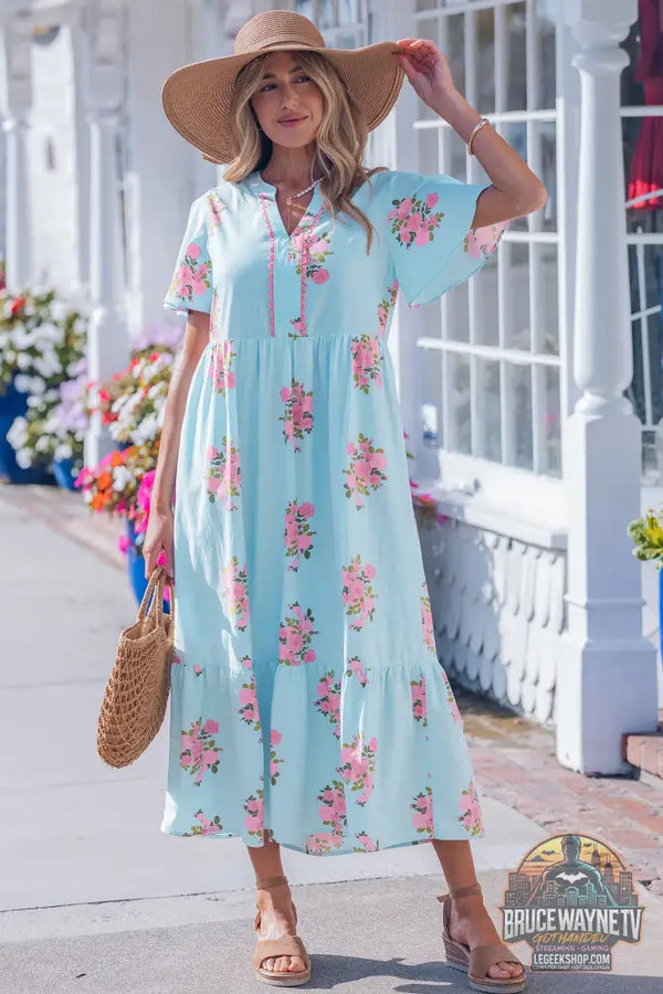 Robe Longue Femme – Florale · Col Cranté · Manches Courtes Flottantes · Taille Haute · 2 Coloris - Robe Femme