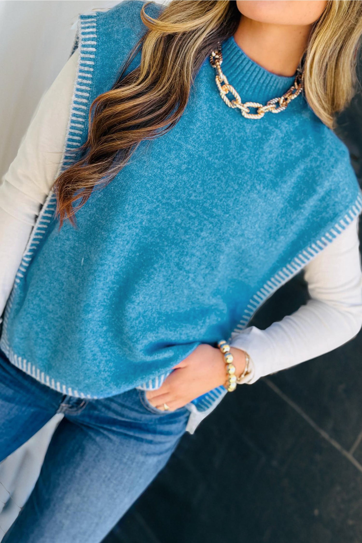 Pull femme col montant — bleu