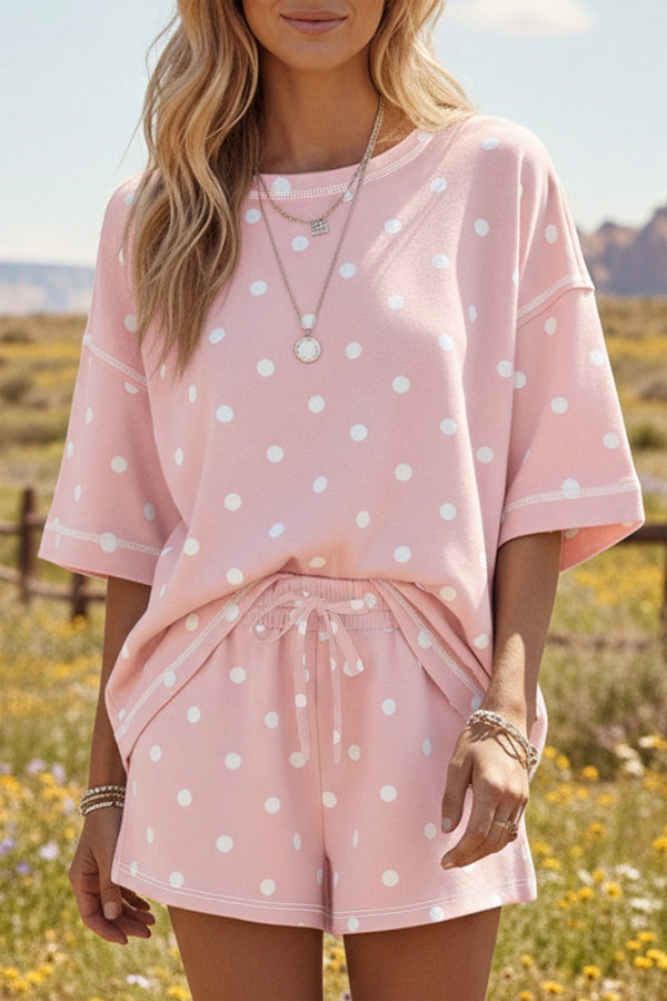 Ensemble femme pois, à cordon, manches courtes, ample — rose