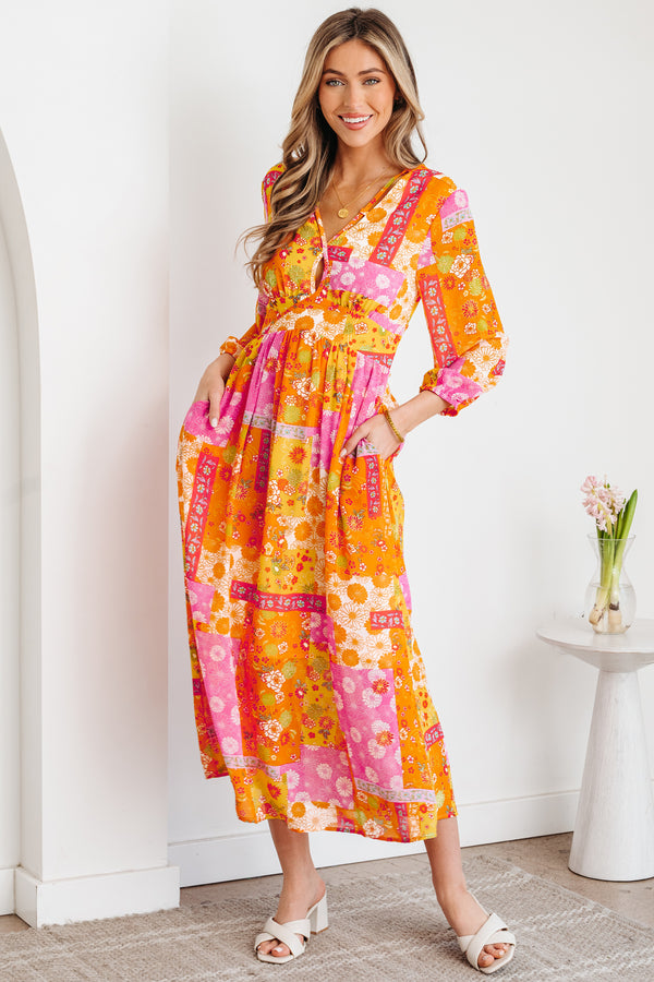 Robe longue femme floral, patchwork, manches bracelet, maxi — orange