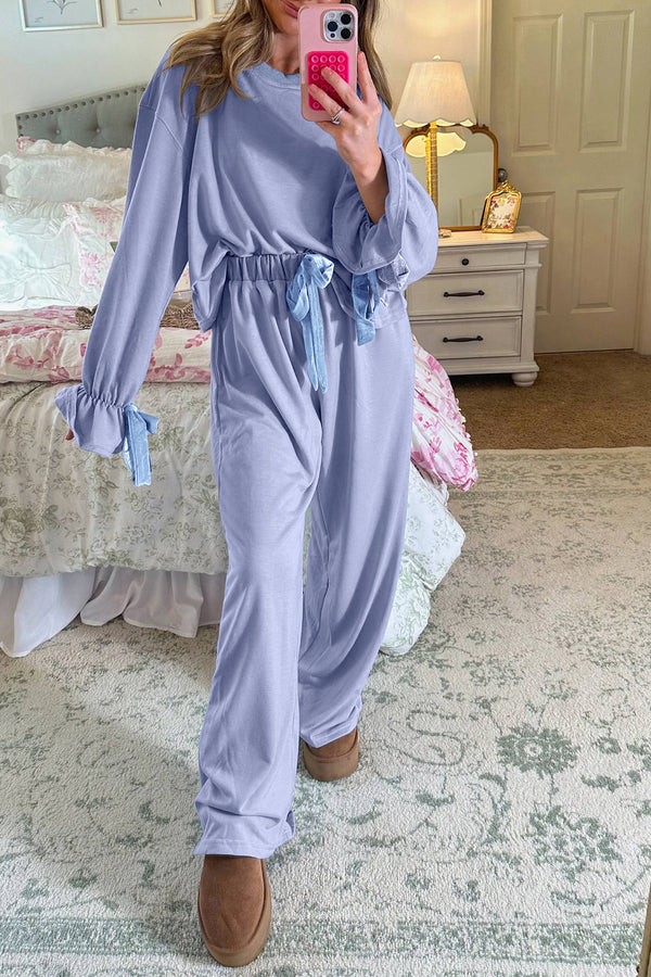 Ensemble femme velours, à cordon, manches longues — bleu ciel