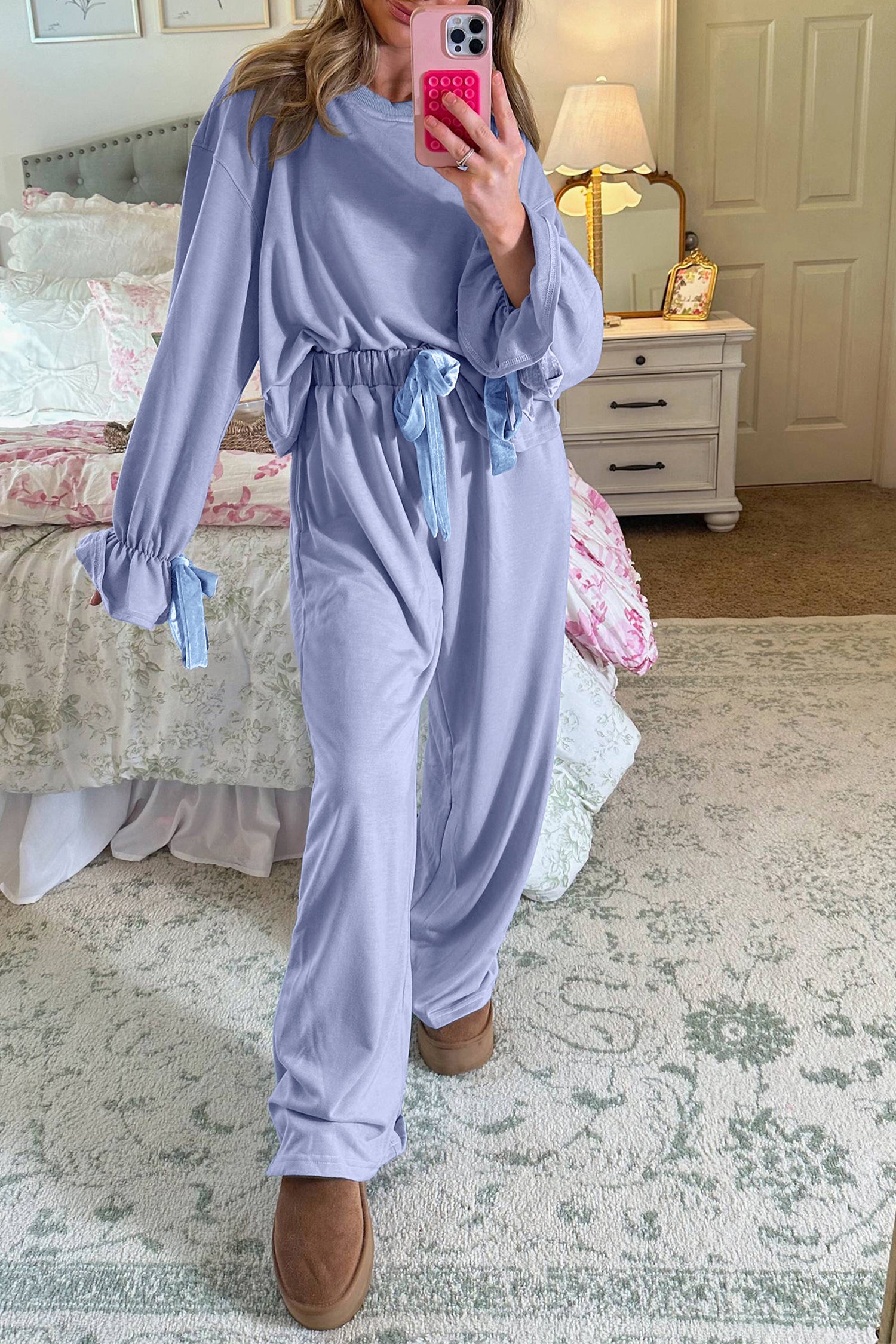 Ensemble femme velours, à cordon, manches longues — bleu ciel