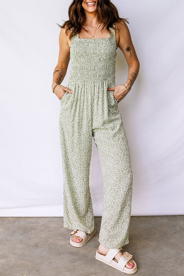Combinaison femme floral, smocké, sans manches — vert