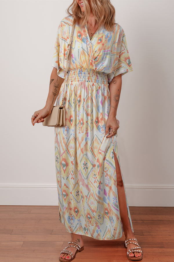 Robe longue femme smocké, manches 3/4, taille haute, maxi — multicolore