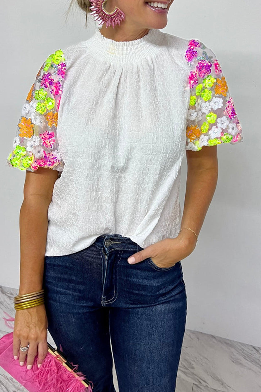Haut femme paillettes, smocké, manches bouffantes — blanc
