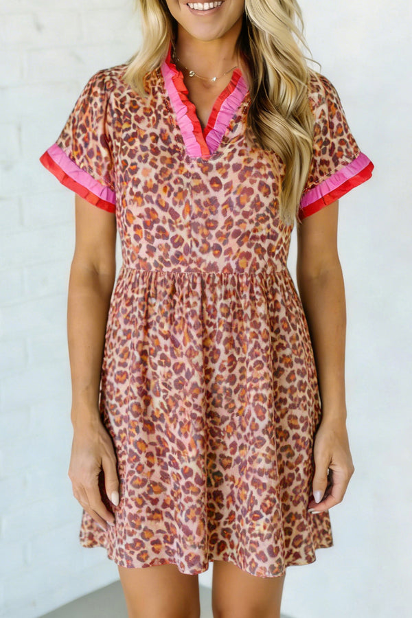 Robe femme léopard, à volants, taille haute, colorblock — kaki