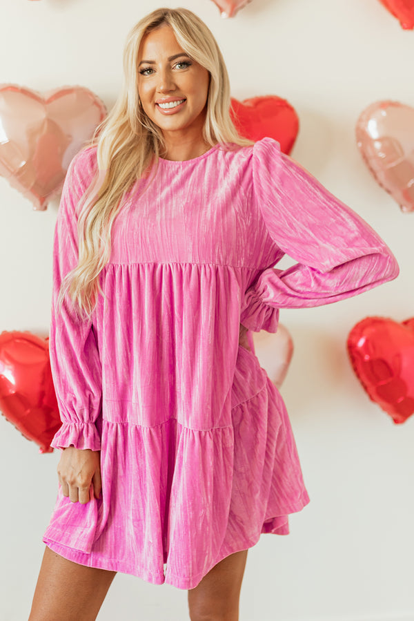 Robe courte femme velours, à volants, à étages — rose