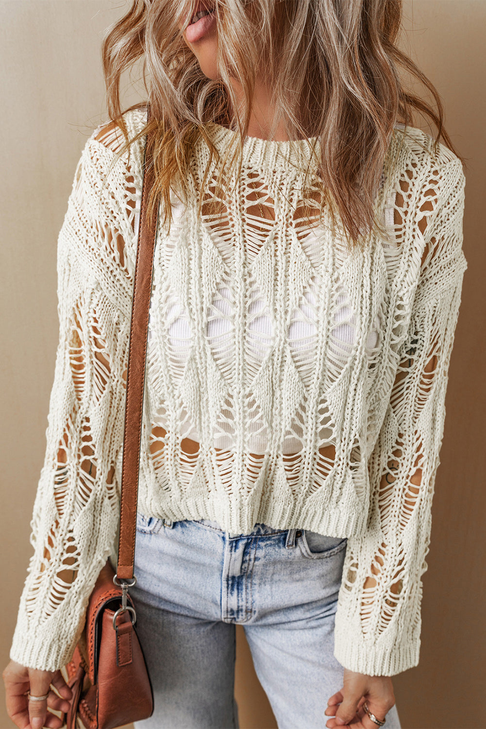 Pull femme col rond, ample — blanc