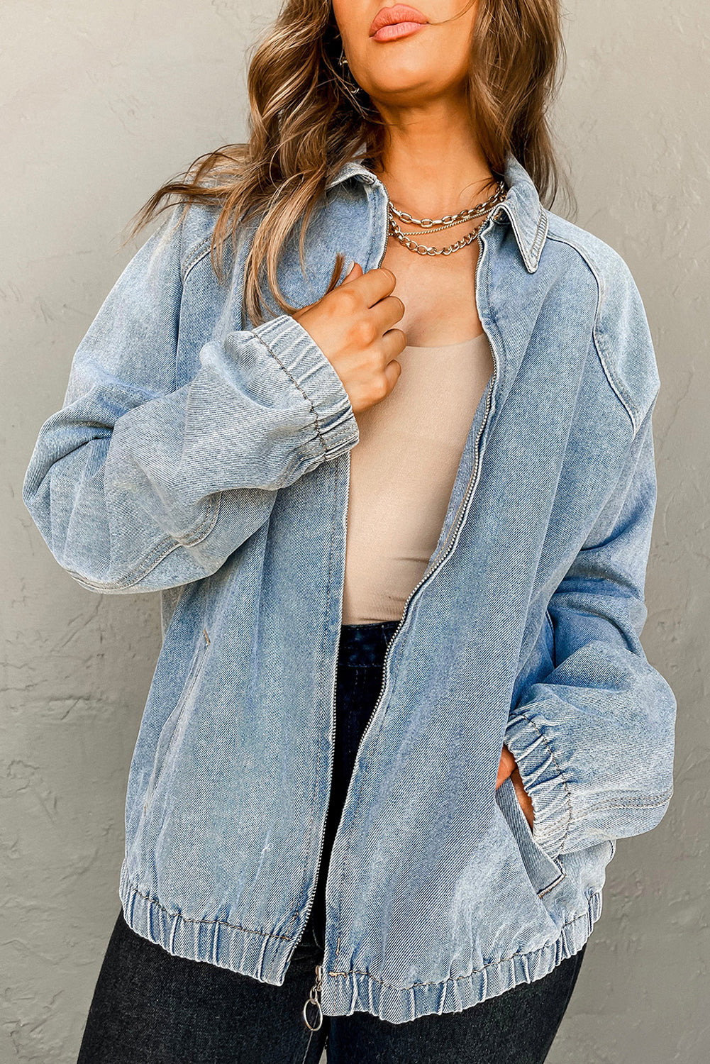Veste femme zip, poches, denim