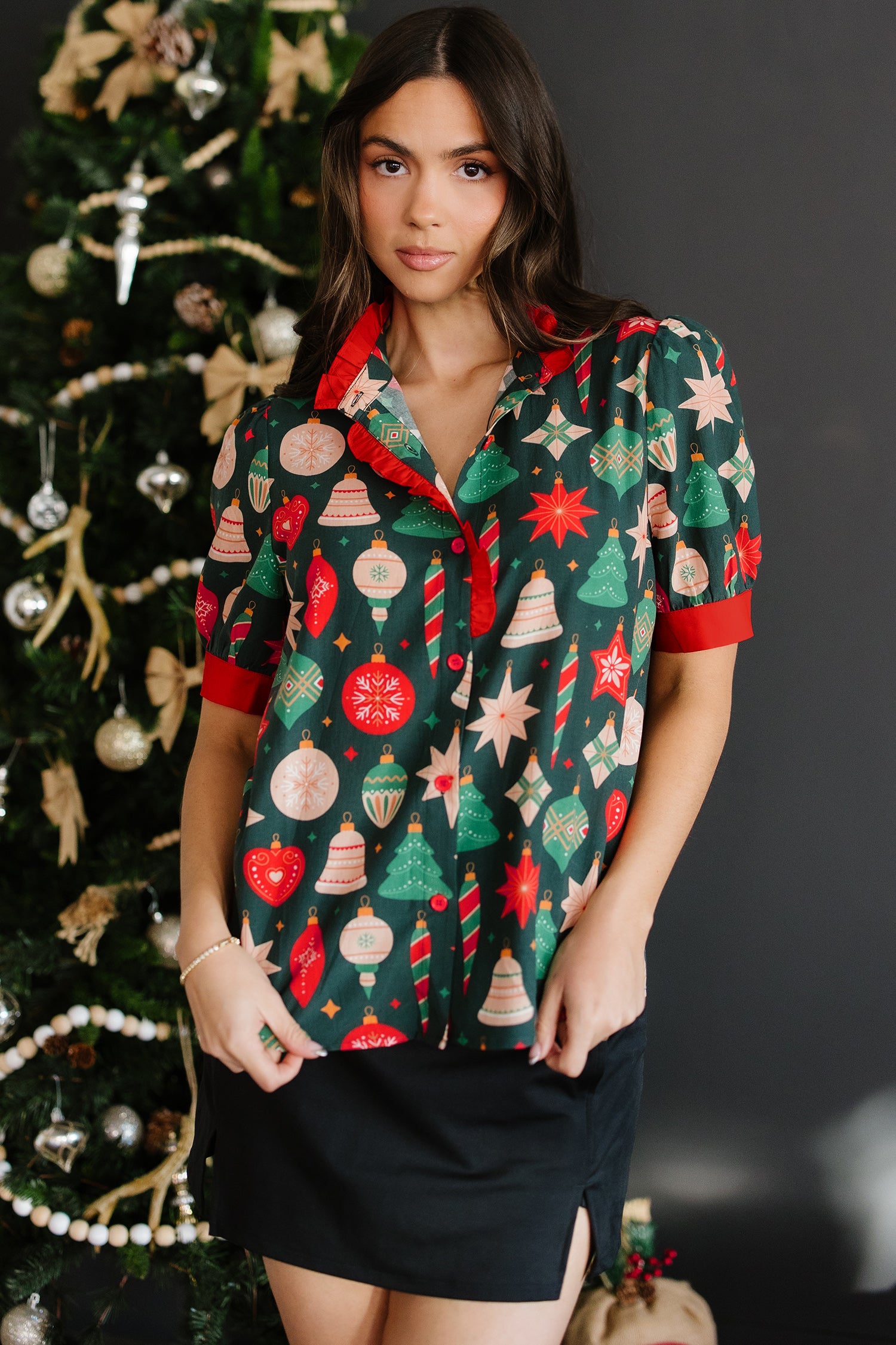 Blouse femme Noël, manches courtes, bordure contrastée — vert