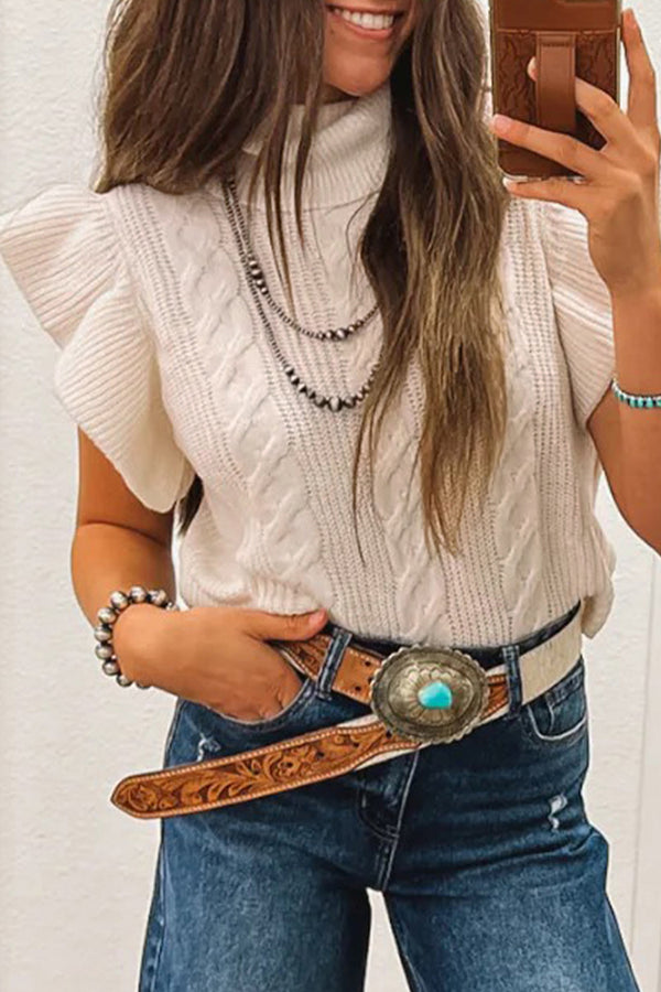 Pull femme en maille, à volants, manches courtes, torsadé
