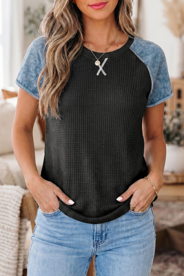 Haut femme patchwork, gaufré, en maille, manches courtes, colorblock — gris
