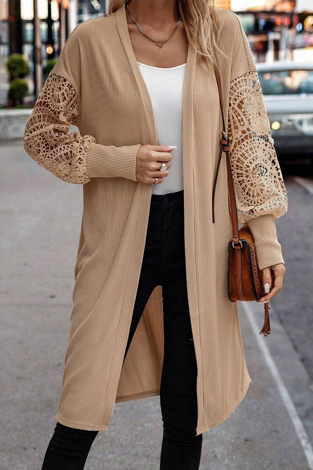 Parchment Lace Patchwork Ribbed Knit Open Front Duster Cardigan femme