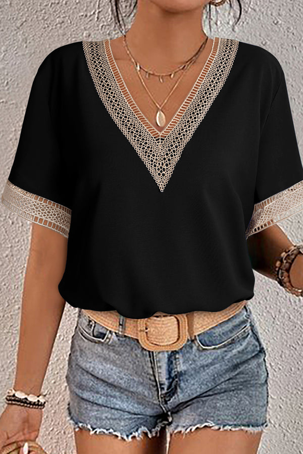 Blouse femme manches courtes, col V — noir