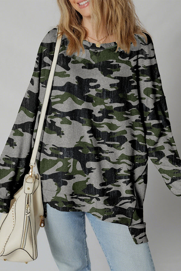Sweat femme camouflage, patchwork, épaules tombantes — vert