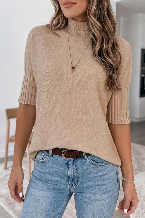 Pull femme manches courtes, col montant, casual, côtelé — beige