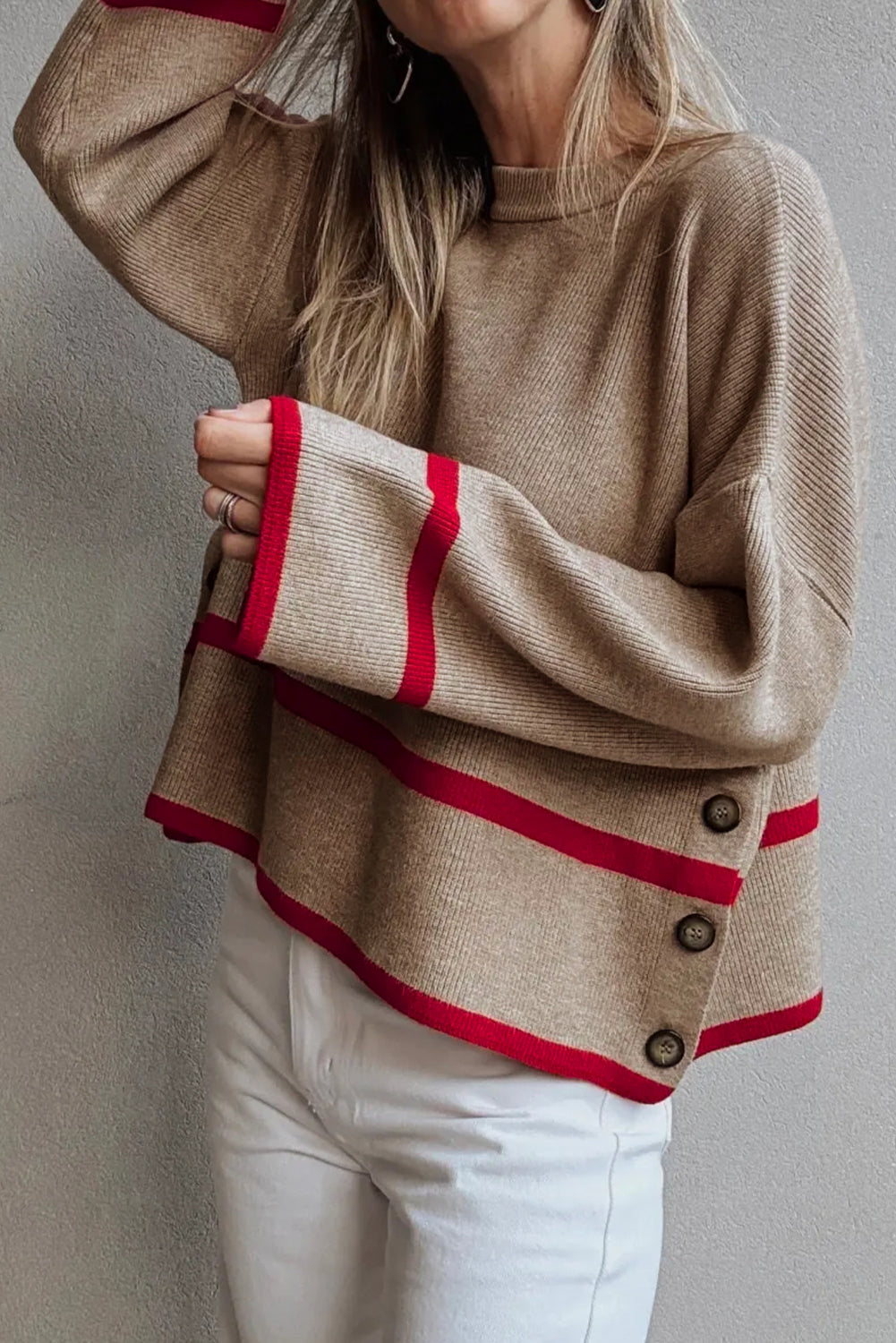 Pull femme rayé, en maille, boutonnée, ample, côtelé
