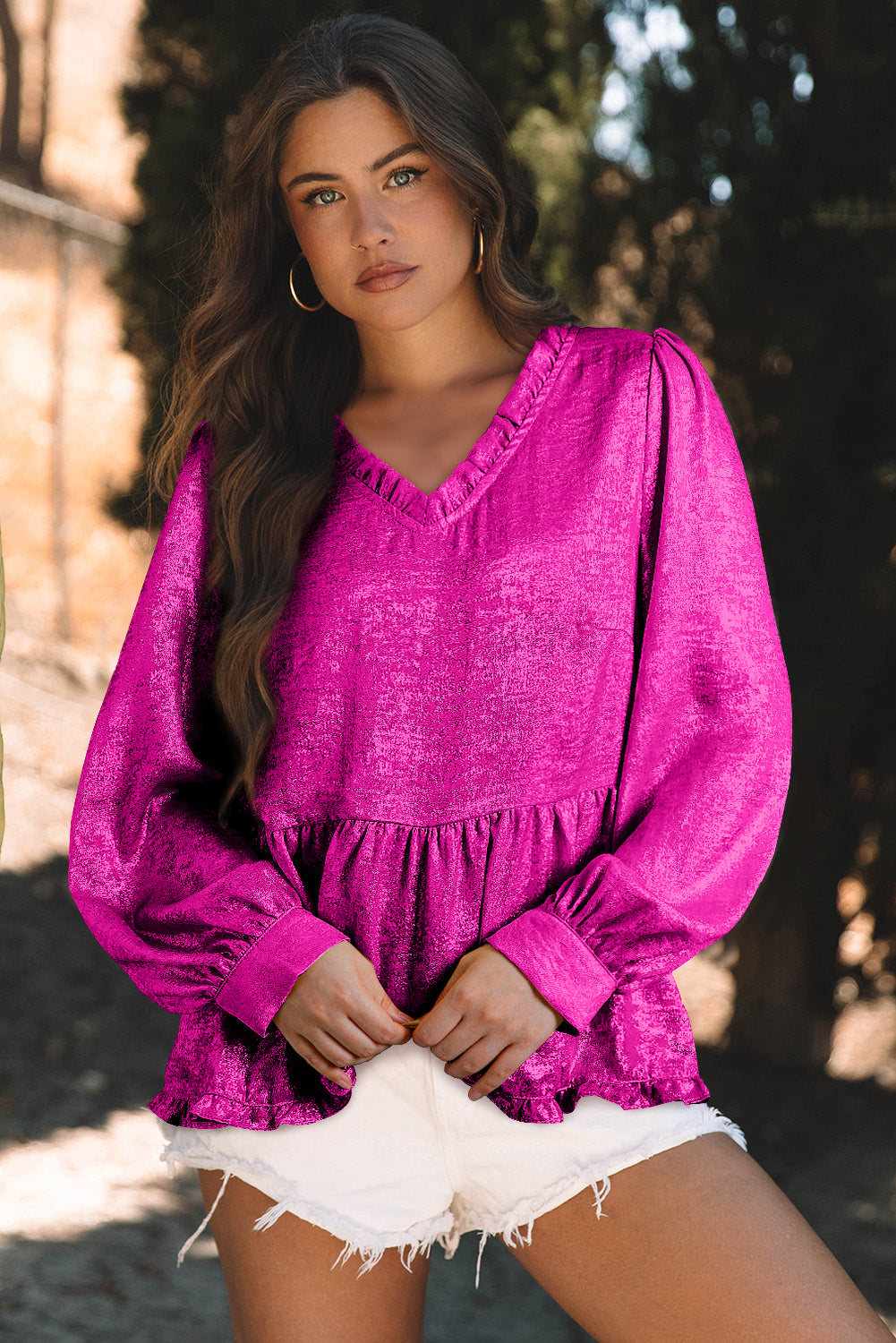 Blouse femme métallisé, manches bouffantes, col V — rouge rose