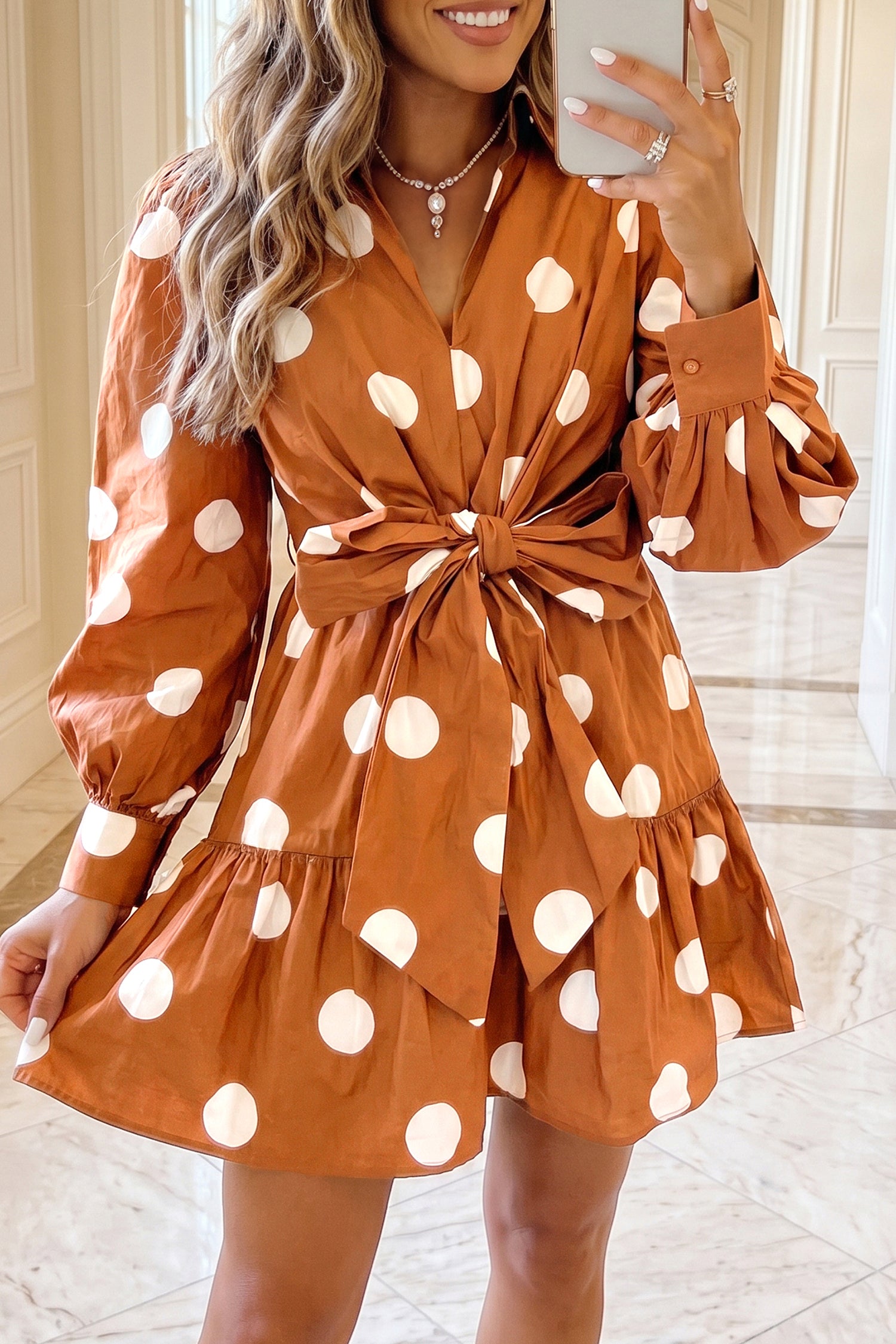 Robe courte femme pois, manches longues, casual — marron
