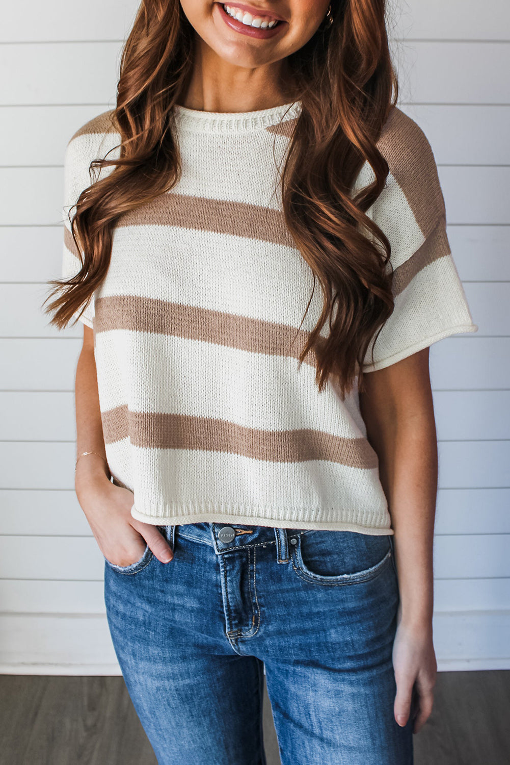 Haut femme rayé, en maille, manches courtes — kaki