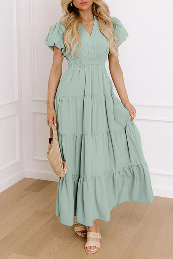 Robe longue femme à étages, manches bouffantes, col V, taille haute, uni, maxi