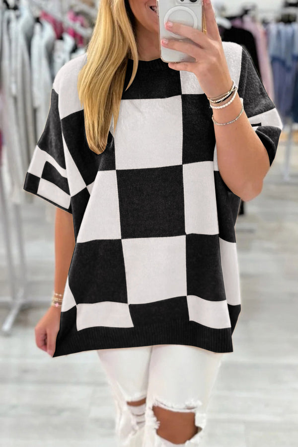 Pull femme à carreaux, manches 3/4, épaules tombantes, ample — noir