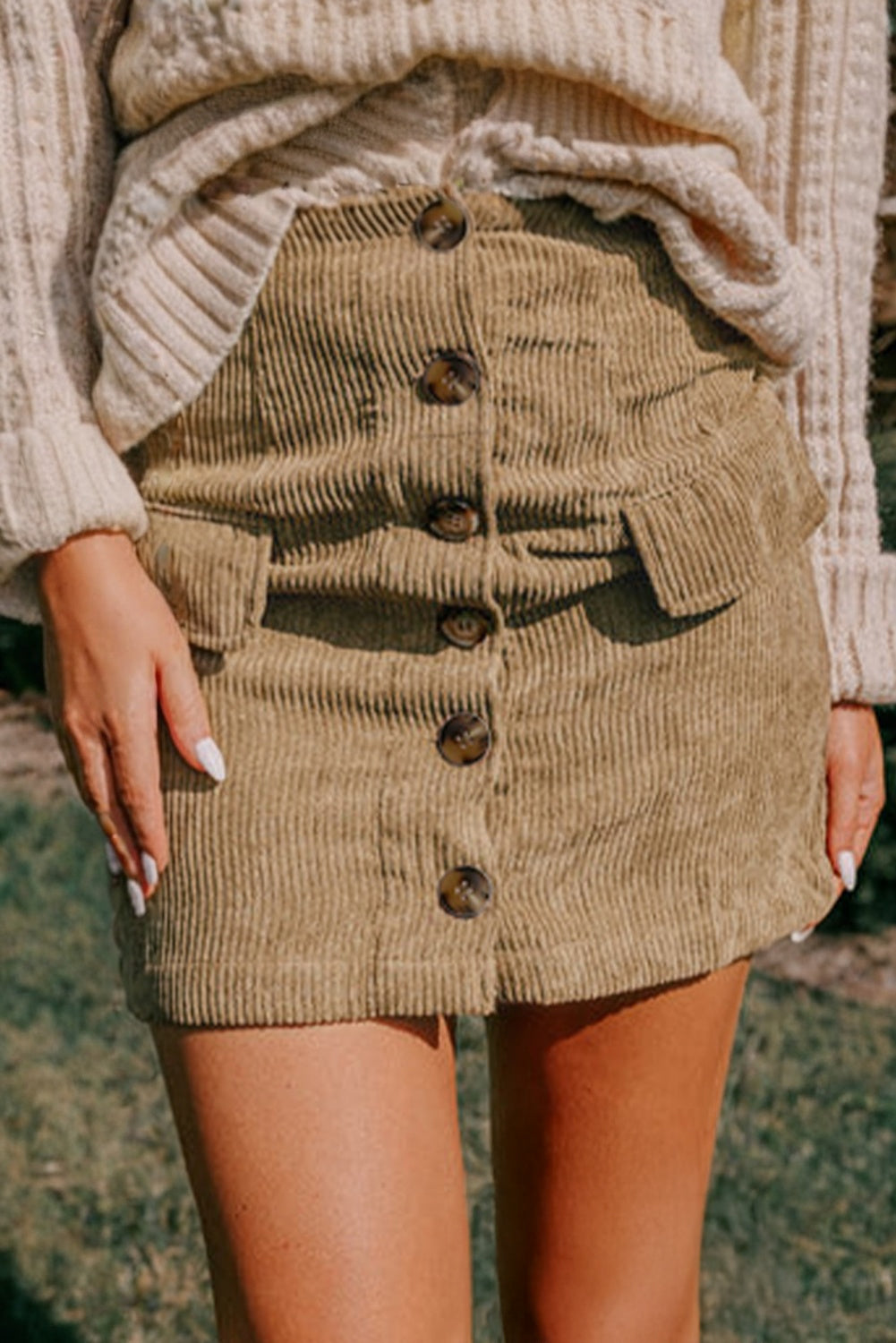 Jupe femme boutonnée, poches, mini — camel