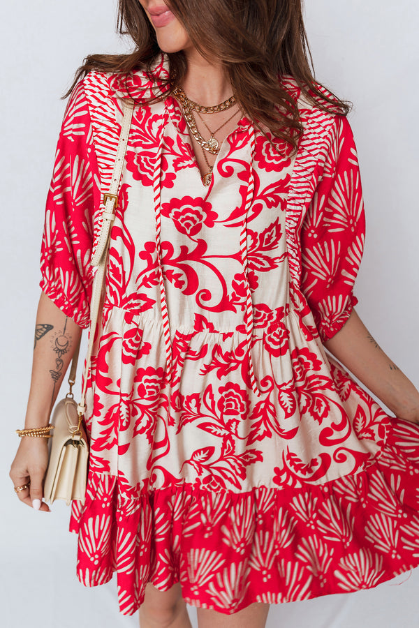 Robe courte femme manches 3/4, col V, ample — rouge