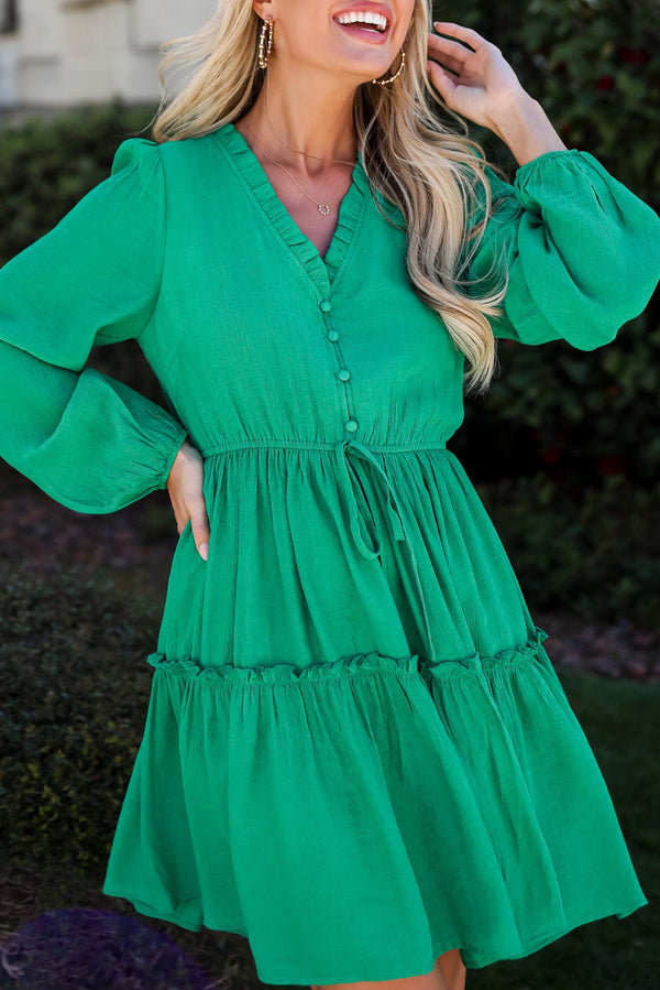 Robe courte femme à cordon, manches bouffantes, col V — vert d'eau