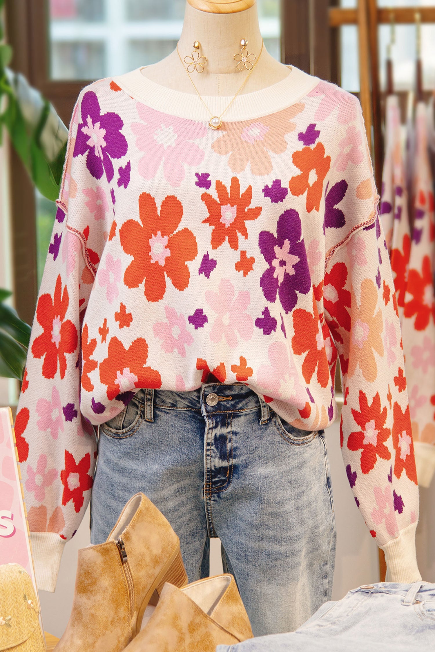 Pull femme floral, épaules tombantes — kaki